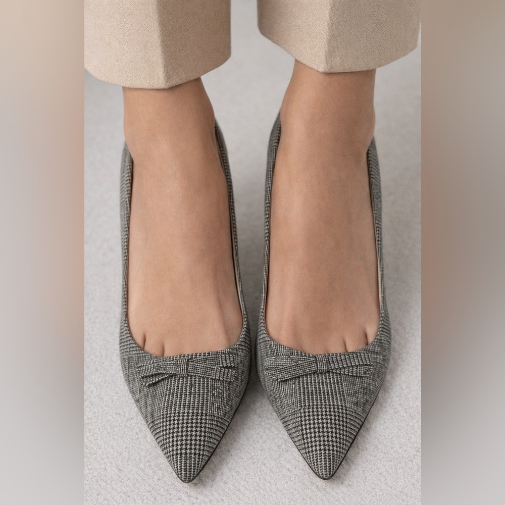 Pointed-Toe Plaid Ballet Flats with Bow